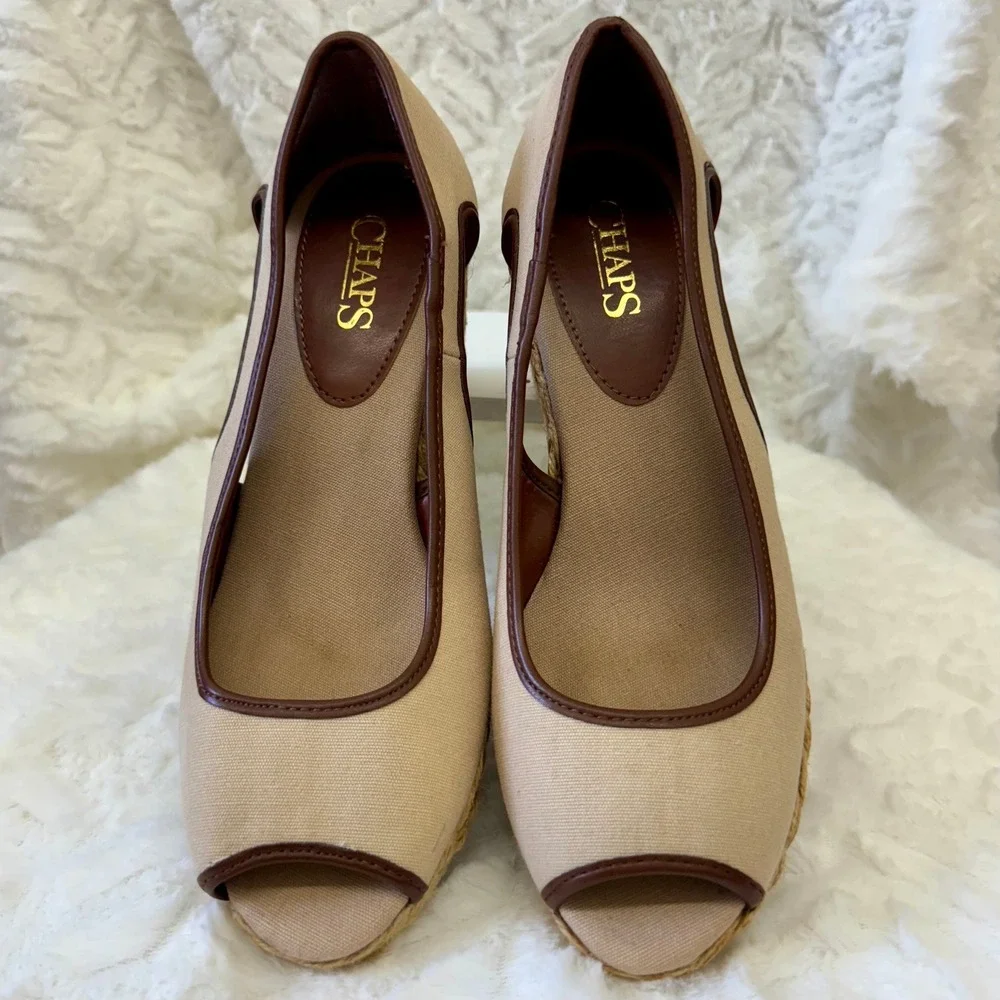 Chaps Open Toe Espadrille Wedge Heel Shoes Tan Canvas Brown Trim Casual